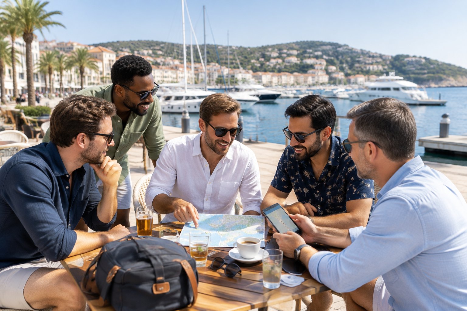 A group of friends discusses bachelor party travel plans at a sunny waterfront port.