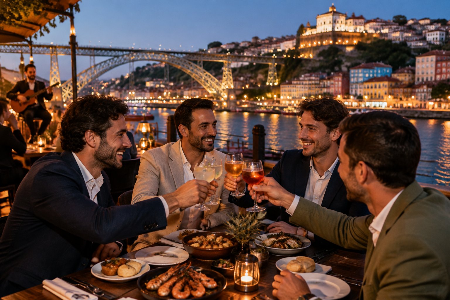 A group of friends shares Portuguese food and drinks at a lively riverside venue in Porto at night, with the Dom LuÃs I Bridge illuminated behind them.