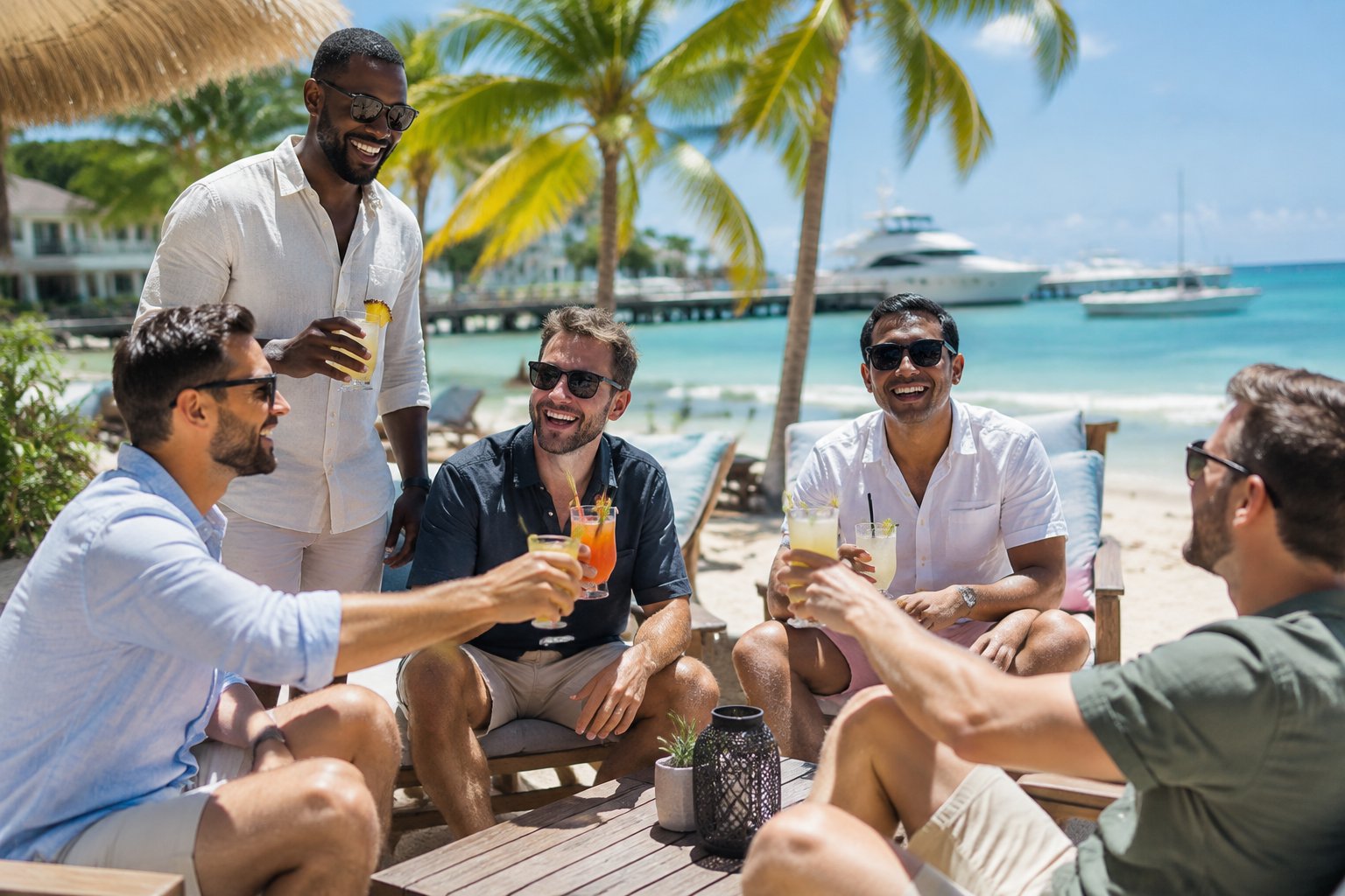 A group of friends celebrates at a sunny tropical beach resort beside turquoise water and a marina.