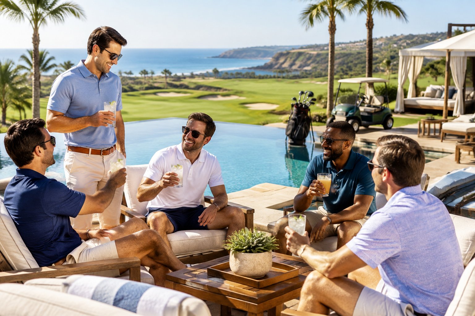A group of friends relaxes beside a luxury resort pool overlooking a manicured golf course.