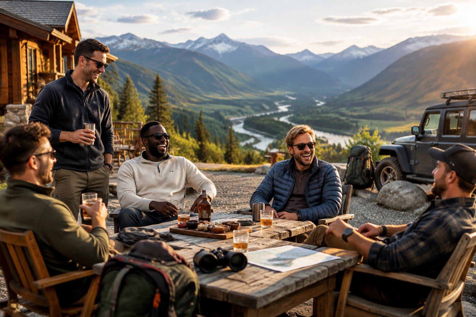 A group of friends celebrating at a mountain lodge overlooking a scenic green valley.
