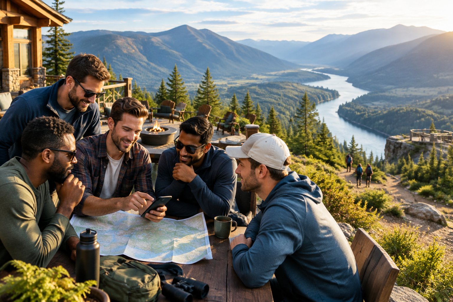A group of friends planning a bachelor party while overlooking a scenic mountain valley.