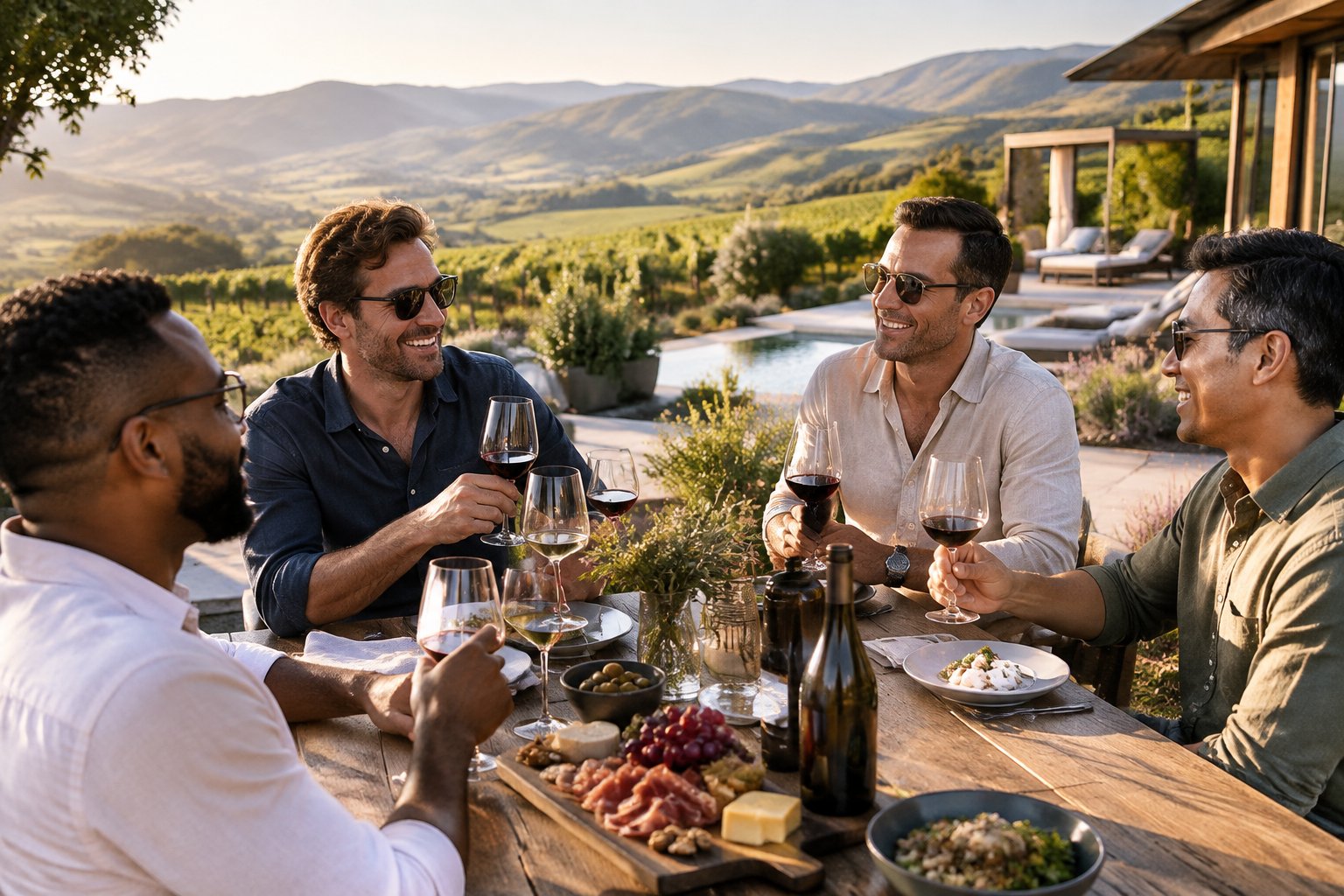 A group of friends enjoying wine, gourmet food, and conversation on a vineyard terrace overlooking a scenic valley.
