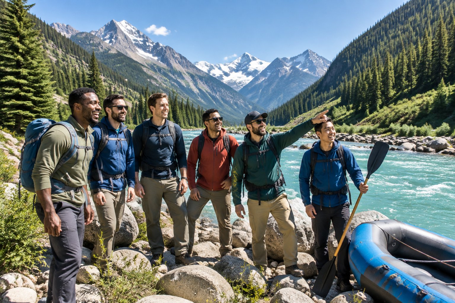 A group of friends enjoys an outdoor adventure beside a turquoise river in a dramatic mountain valley.