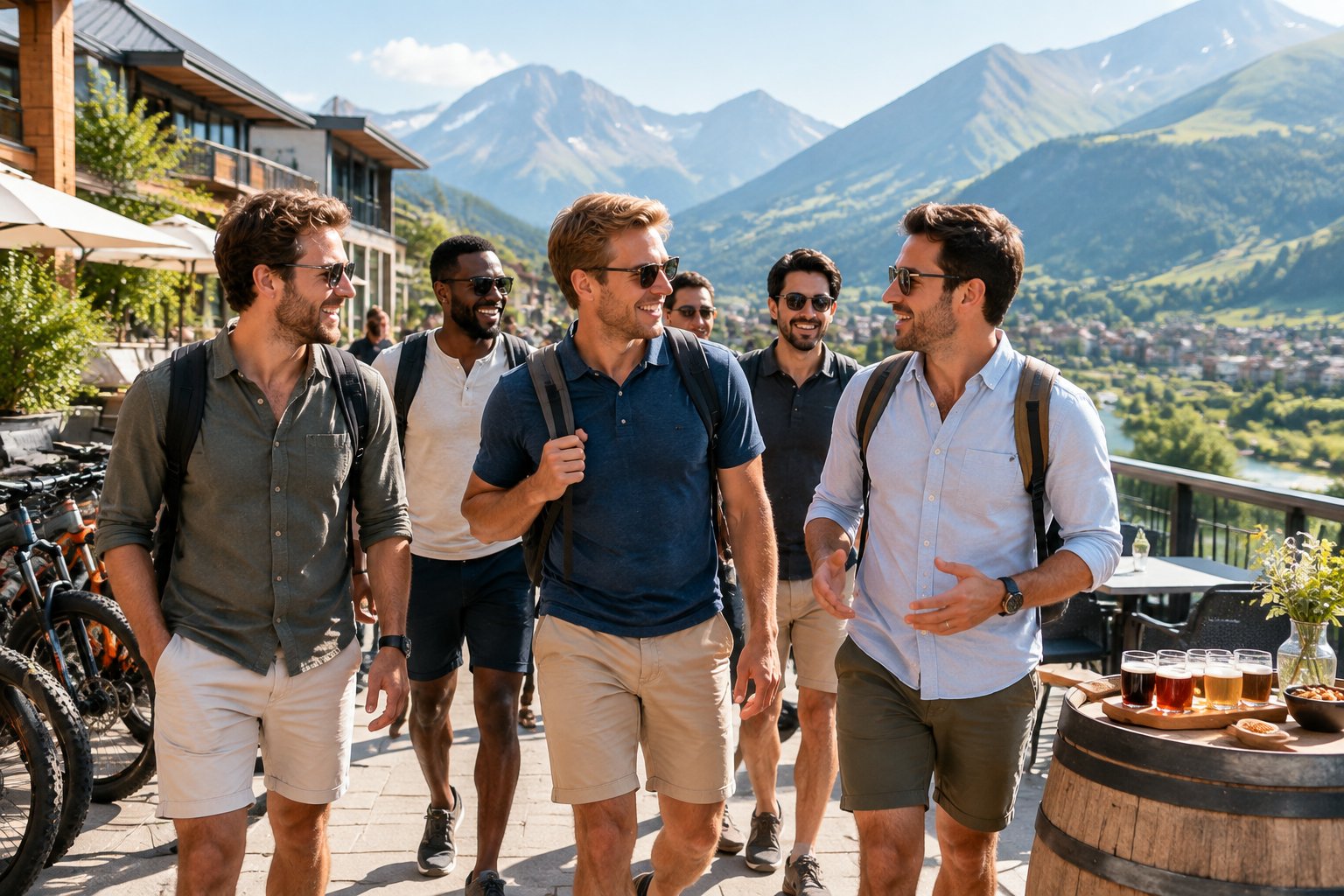 A group of male friends enjoys an outdoor adventure on a city promenade in a mountain valley.