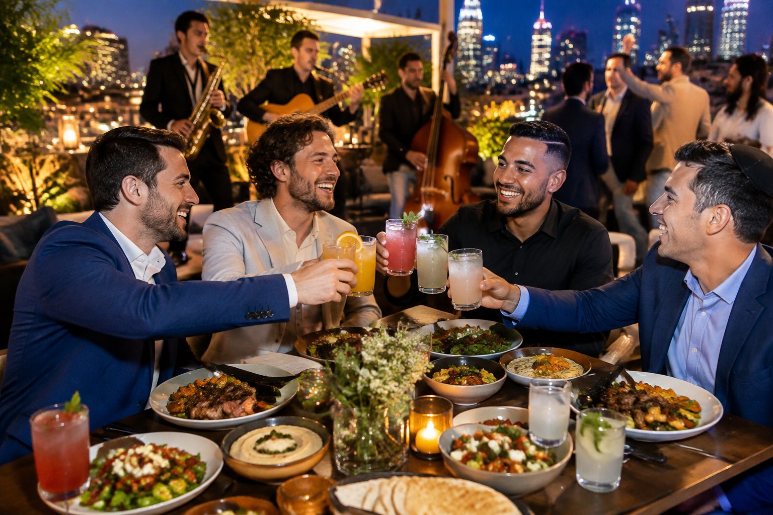 A group of friends celebrates over kosher food and mocktails at a lively rooftop restaurant with live music and city lights.