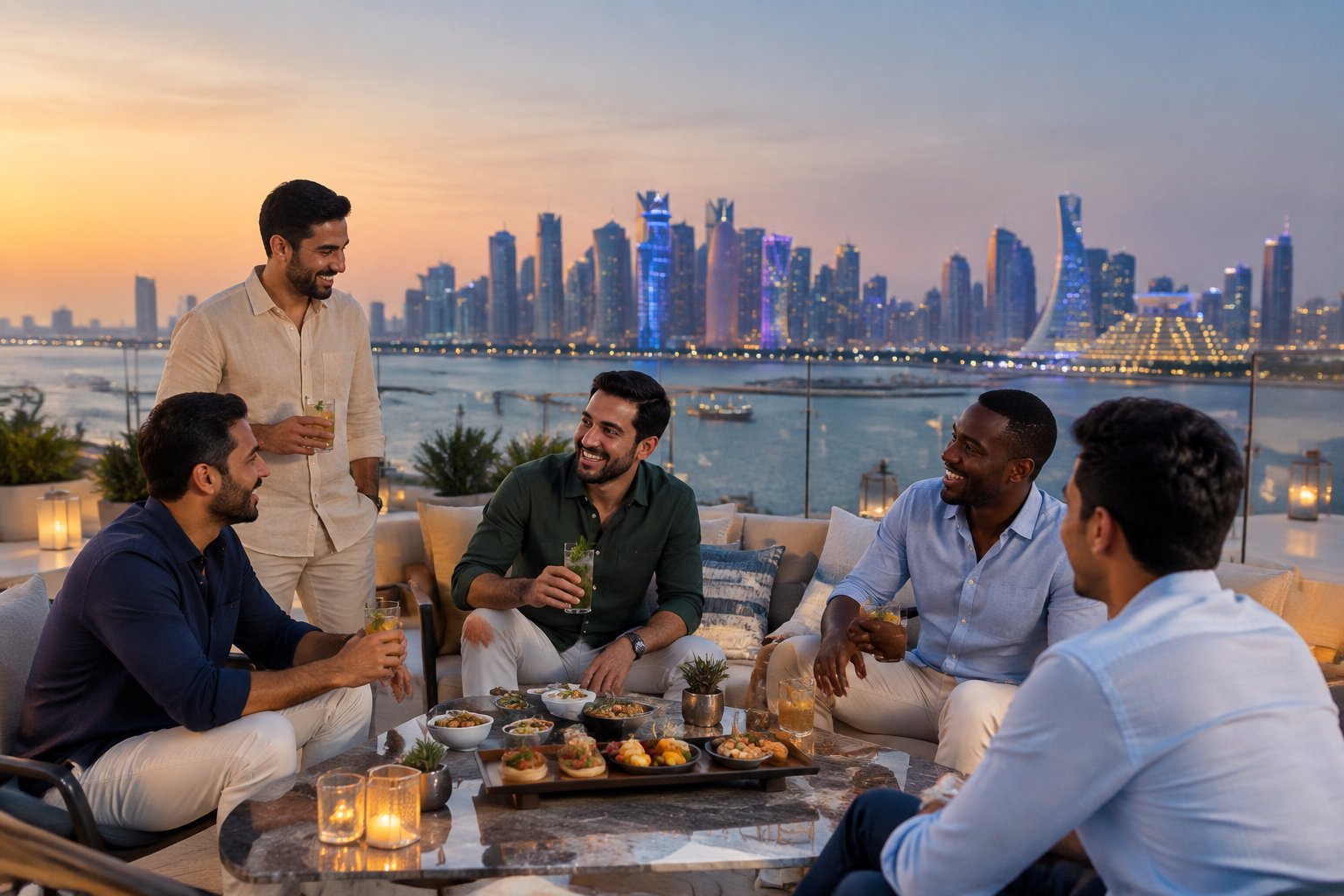 A group of friends celebrating together on a rooftop overlooking Doha’s illuminated skyline.