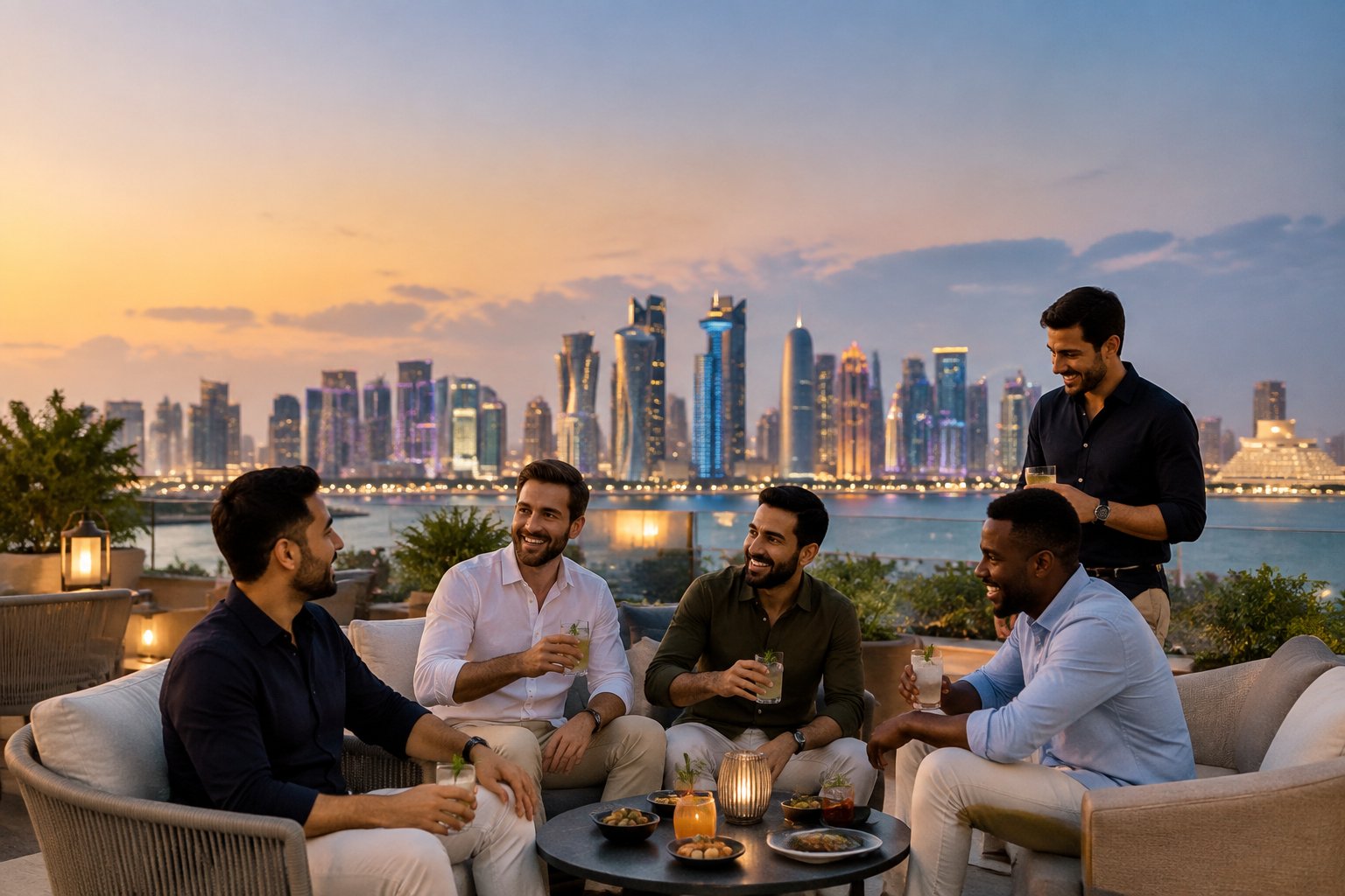 A group of friends enjoying an evening on a rooftop terrace overlooking Doha.