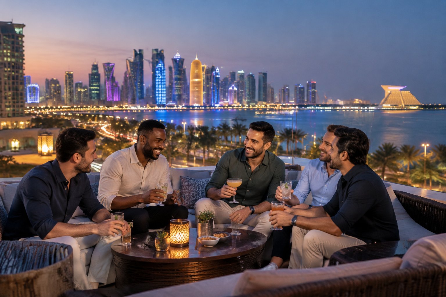 A group of friends enjoying an evening on a rooftop overlooking Doha’s illuminated skyline.