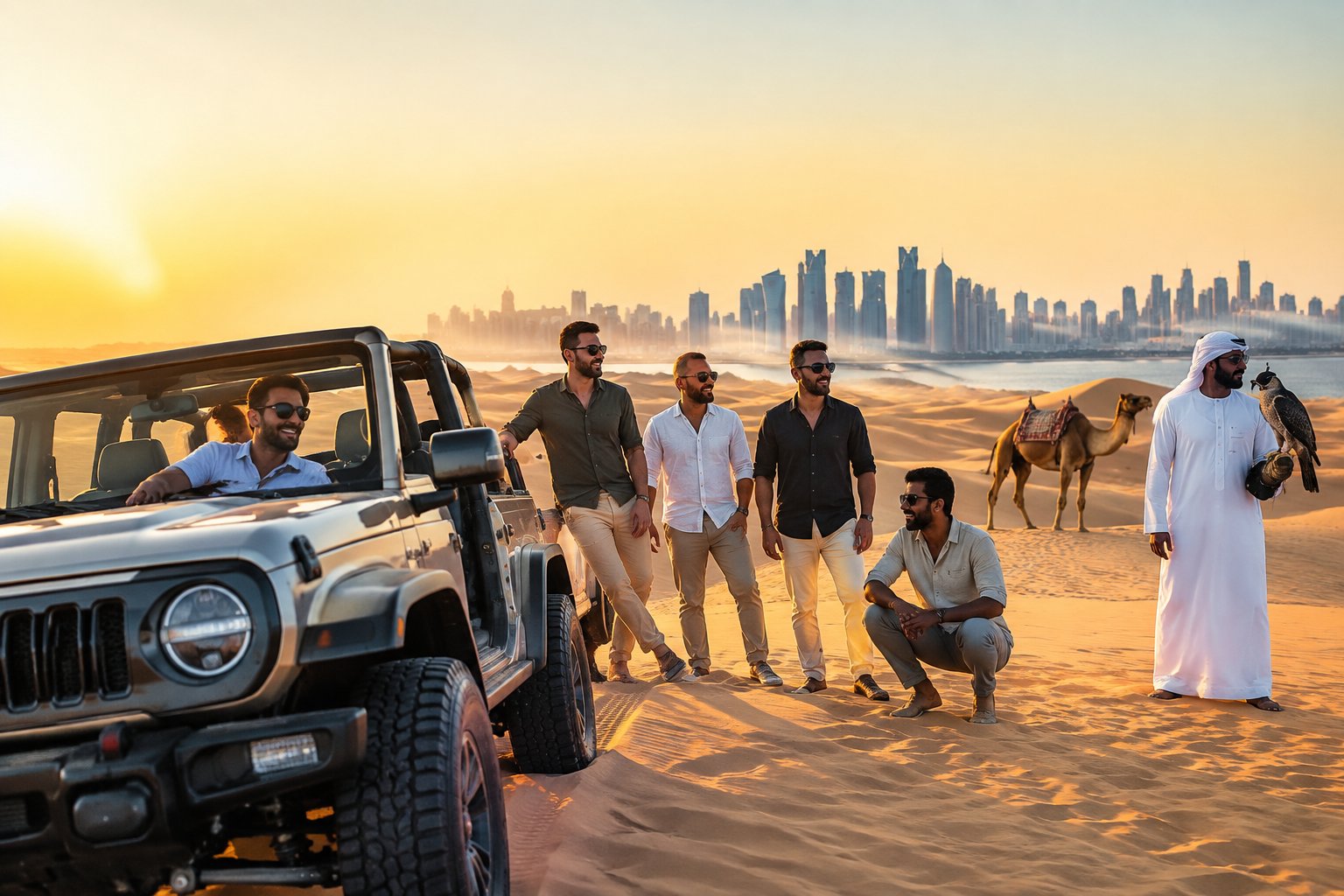 A group of friends enjoying a daytime desert adventure near Doha, with dunes, an off-road vehicle, and the city skyline in the distance.