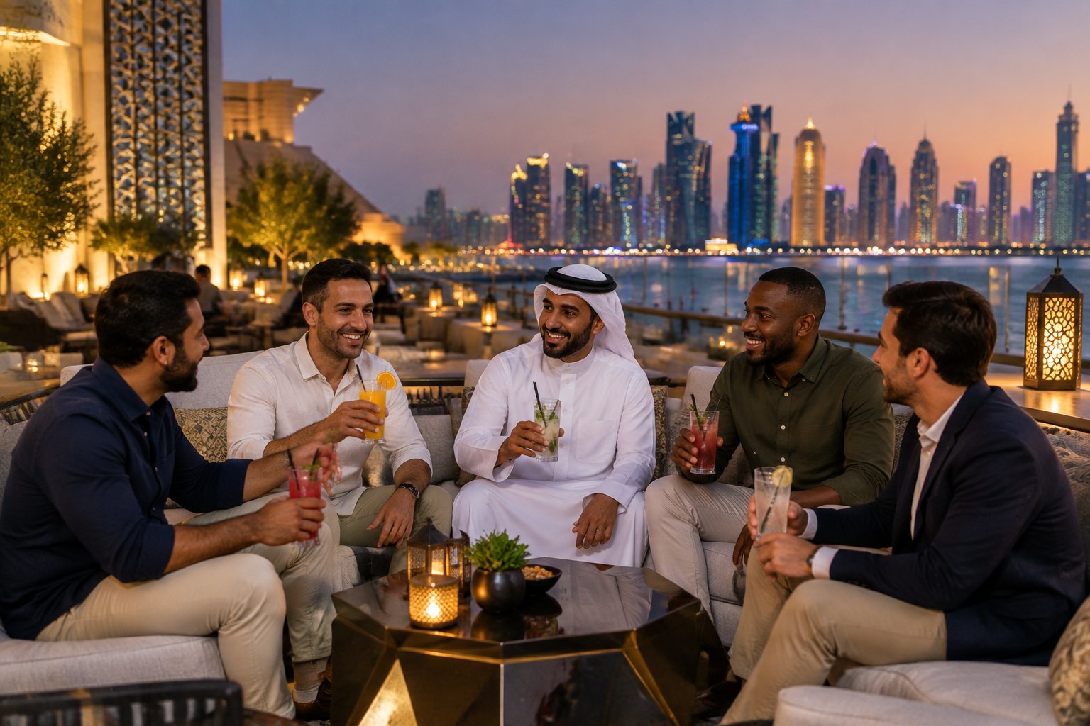 A group of men enjoying non-alcoholic drinks together on an elegant Doha terrace at night.