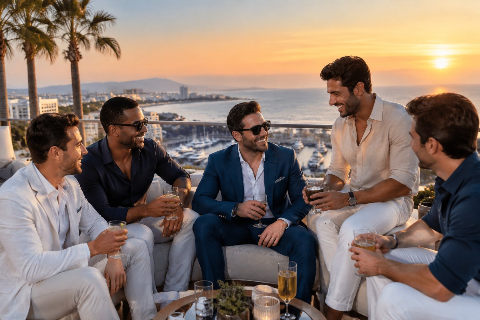 A group of friends celebrating on a luxury rooftop overlooking a coastal city and ocean at sunset.