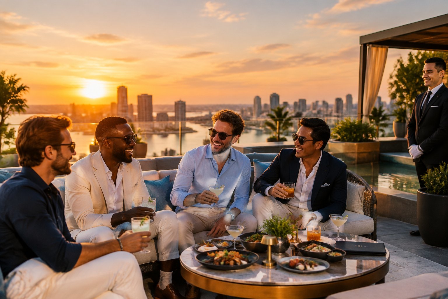 A group of friends enjoys an upscale rooftop celebration with luxury hospitality and a city skyline.