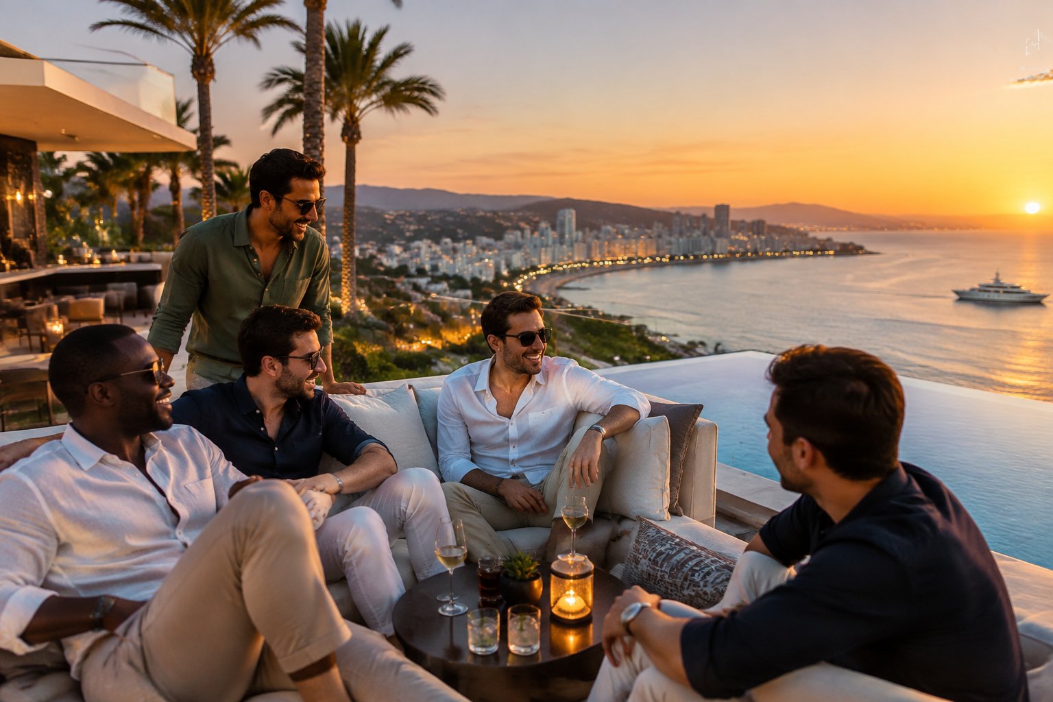 A group of well-dressed friends relaxing at a luxury coastal resort rooftop with a pool, yacht, and city skyline.