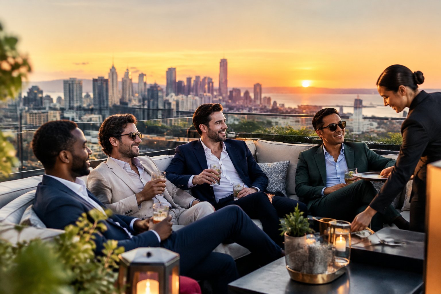 A group of friends enjoying an upscale rooftop lounge with city views and premium service.