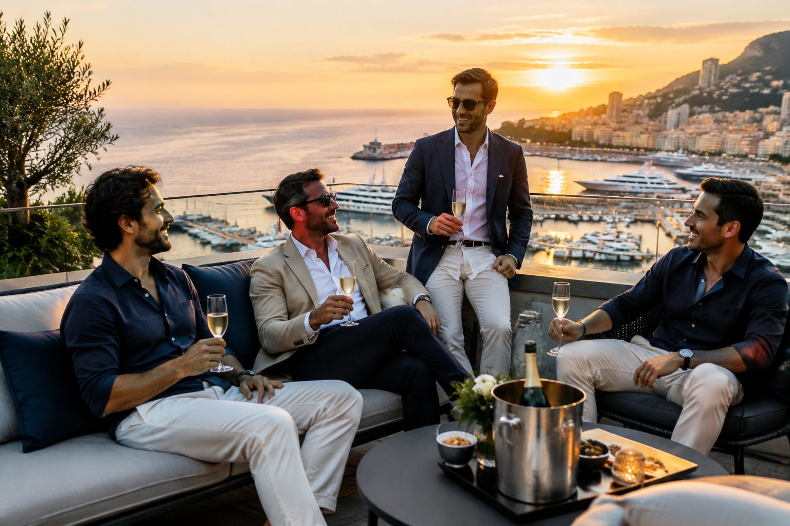 A group of well-dressed friends enjoying drinks on a luxury rooftop overlooking a coastal city and marina.