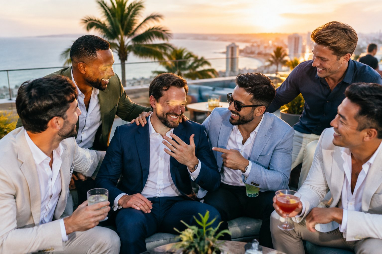 A group of friends celebrates together on a rooftop overlooking a sunny coastal city.