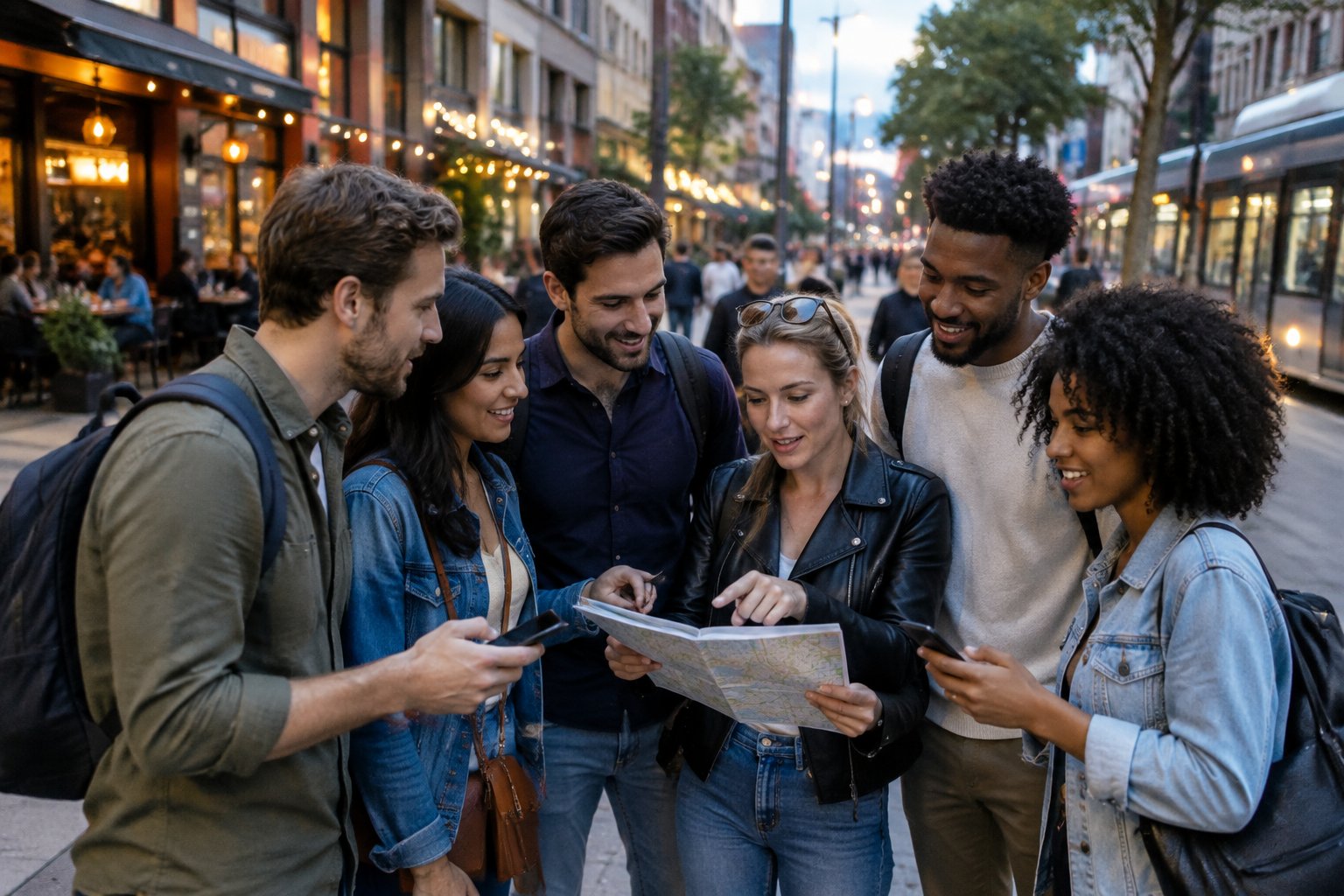 A group of friends plans a bachelor party in a lively, walkable city neighborhood.