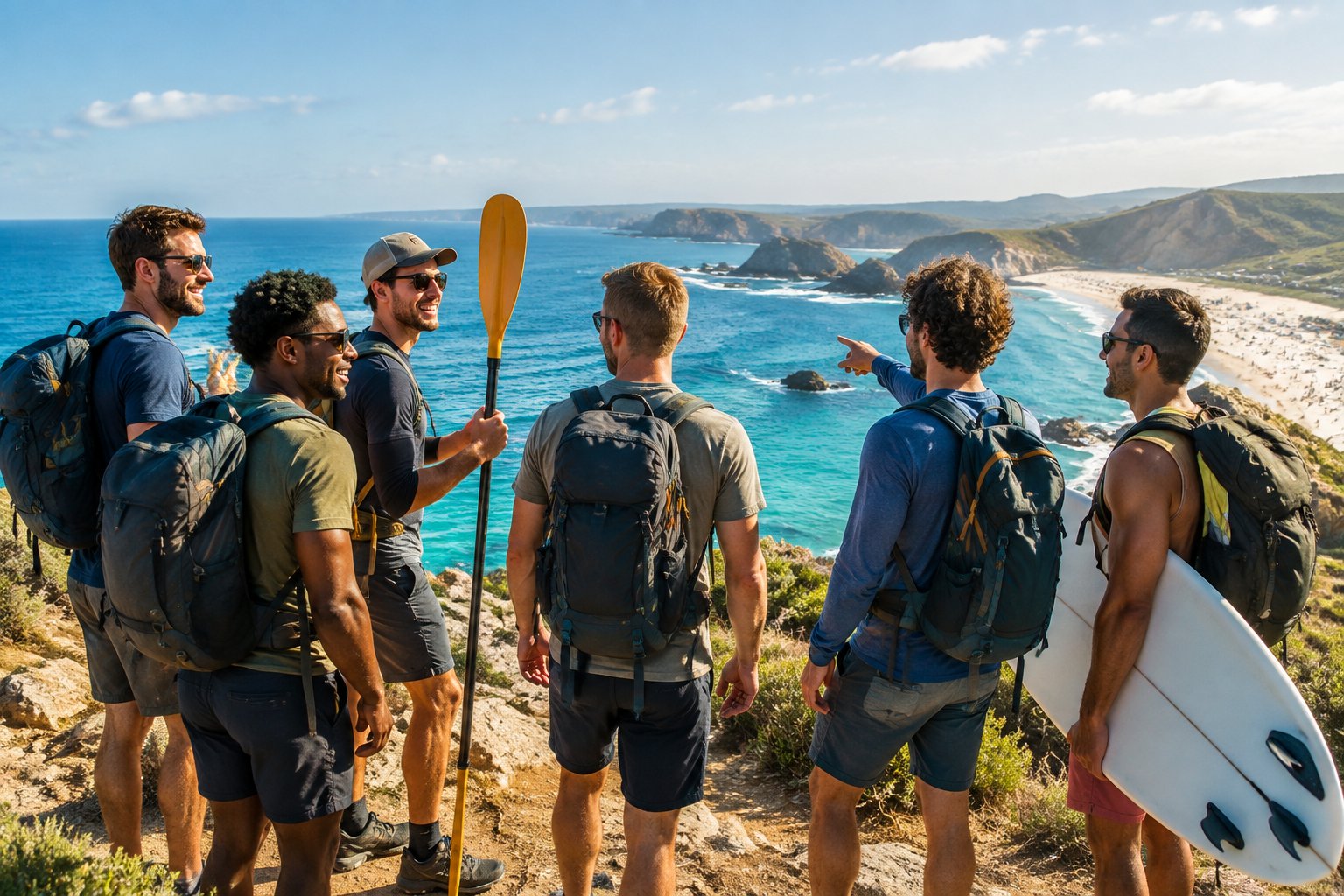 A group of friends with outdoor gear gathers on a coastal trail overlooking turquoise water and rugged cliffs.