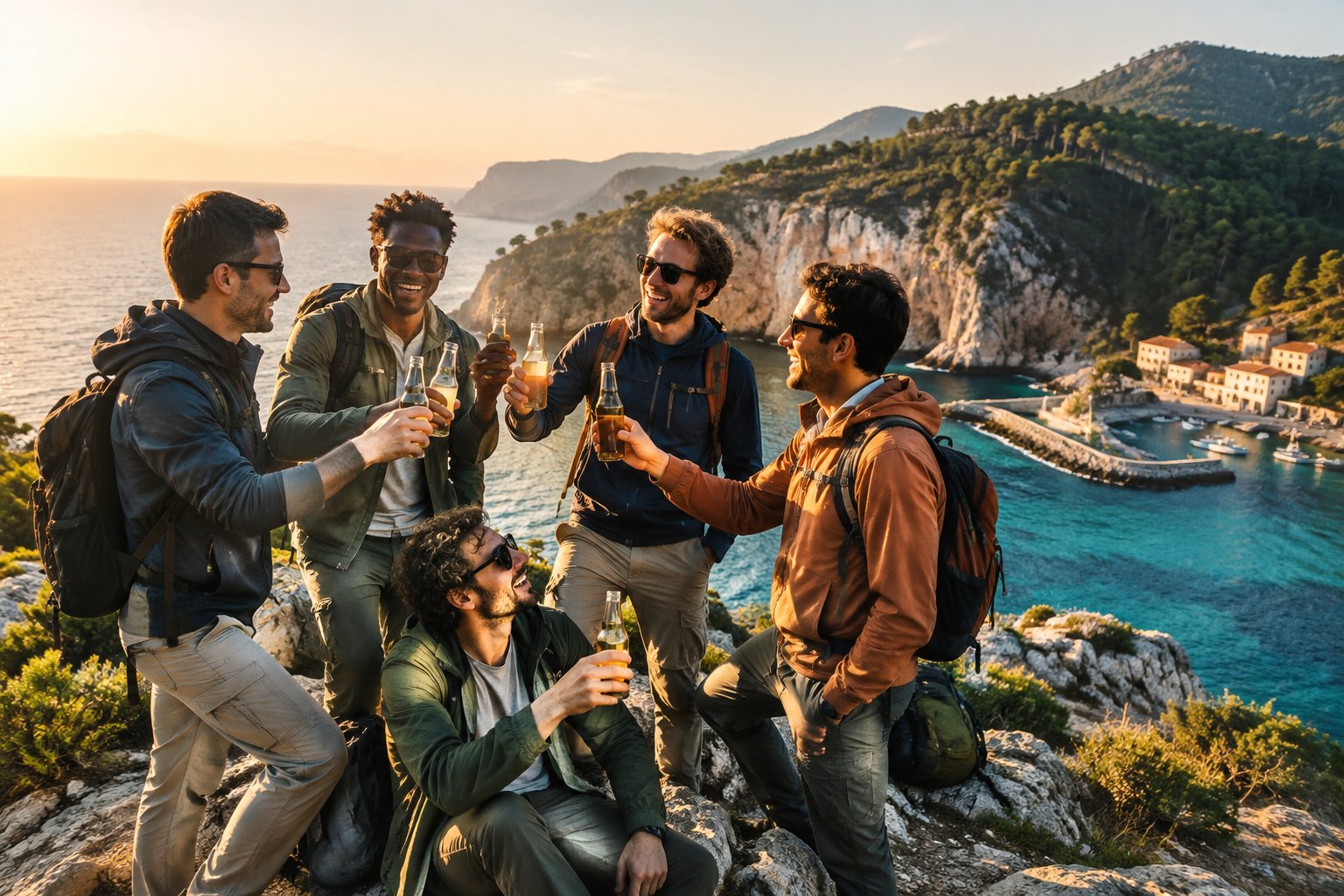 A group of friends celebrating together on a scenic, secluded coastline.