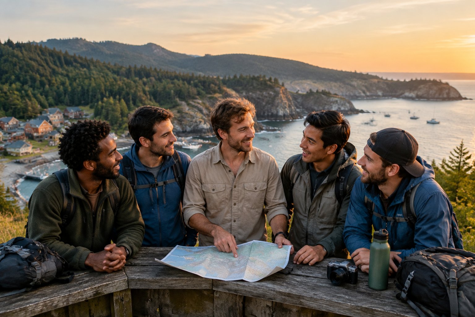 A group of friends discusses travel plans at a scenic overlook above a quiet coastal village.