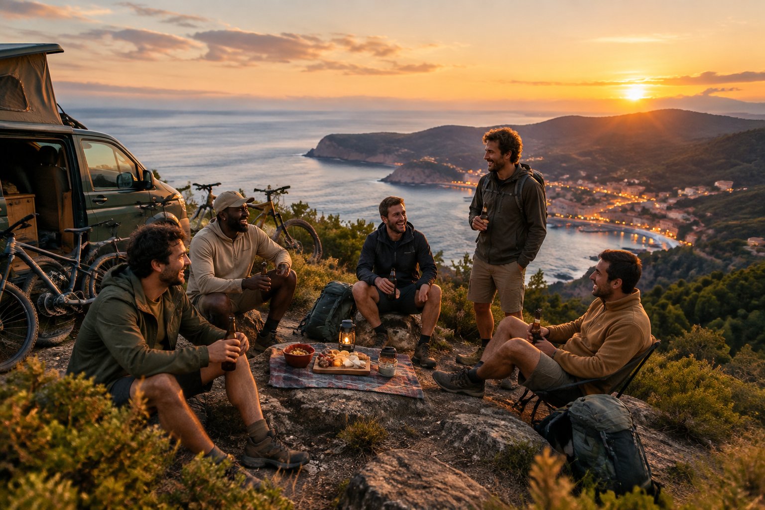 A group of friends celebrates at a coastal overlook with hiking gear, a camper van, and a glowing town in the distance.