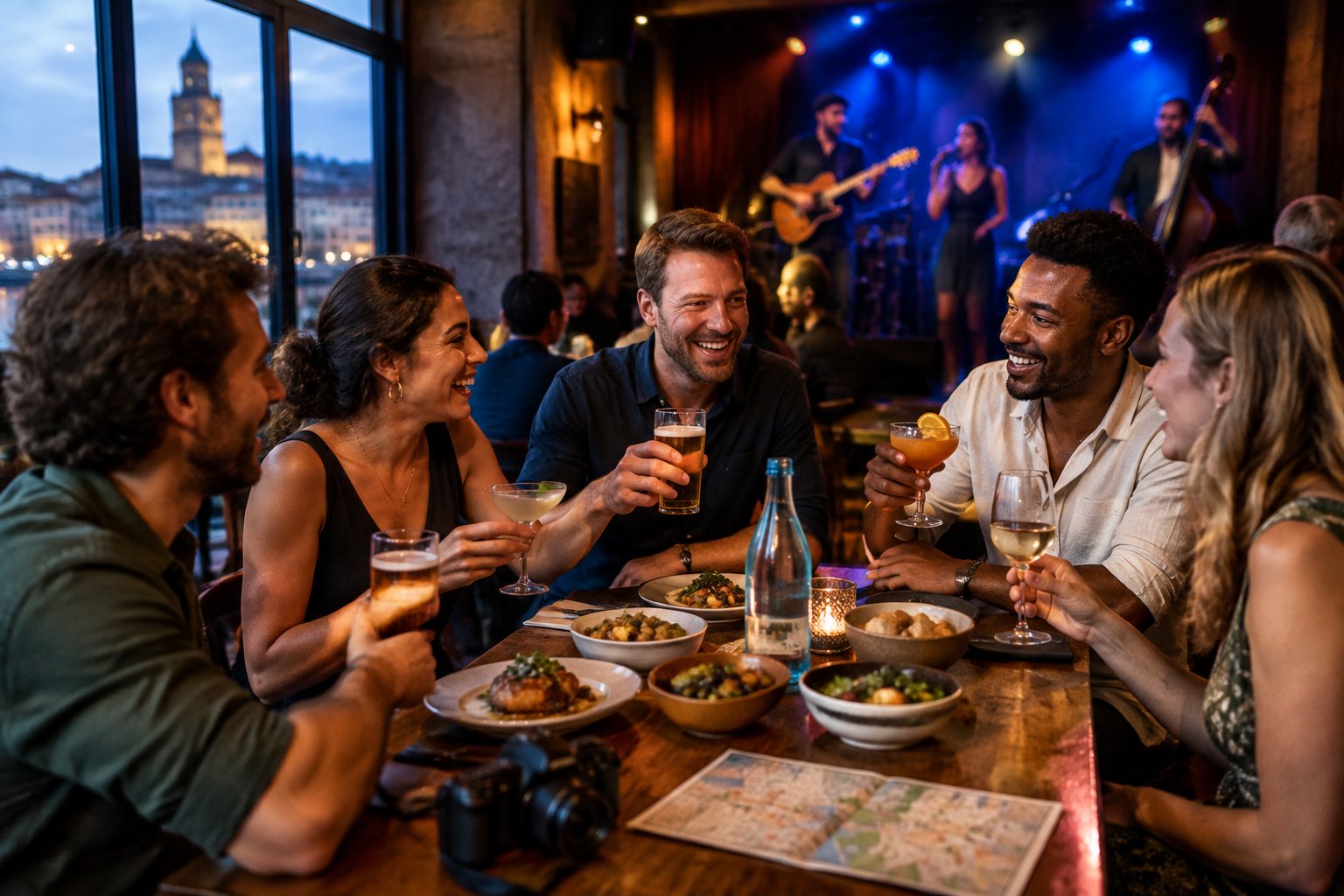 A group of friends shares food and drinks while listening to live music at a lively local venue.