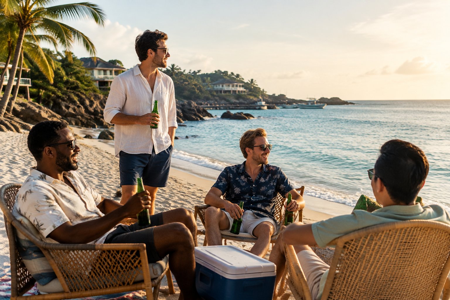 A small group of friends enjoys a relaxed celebration on a quiet tropical beach.