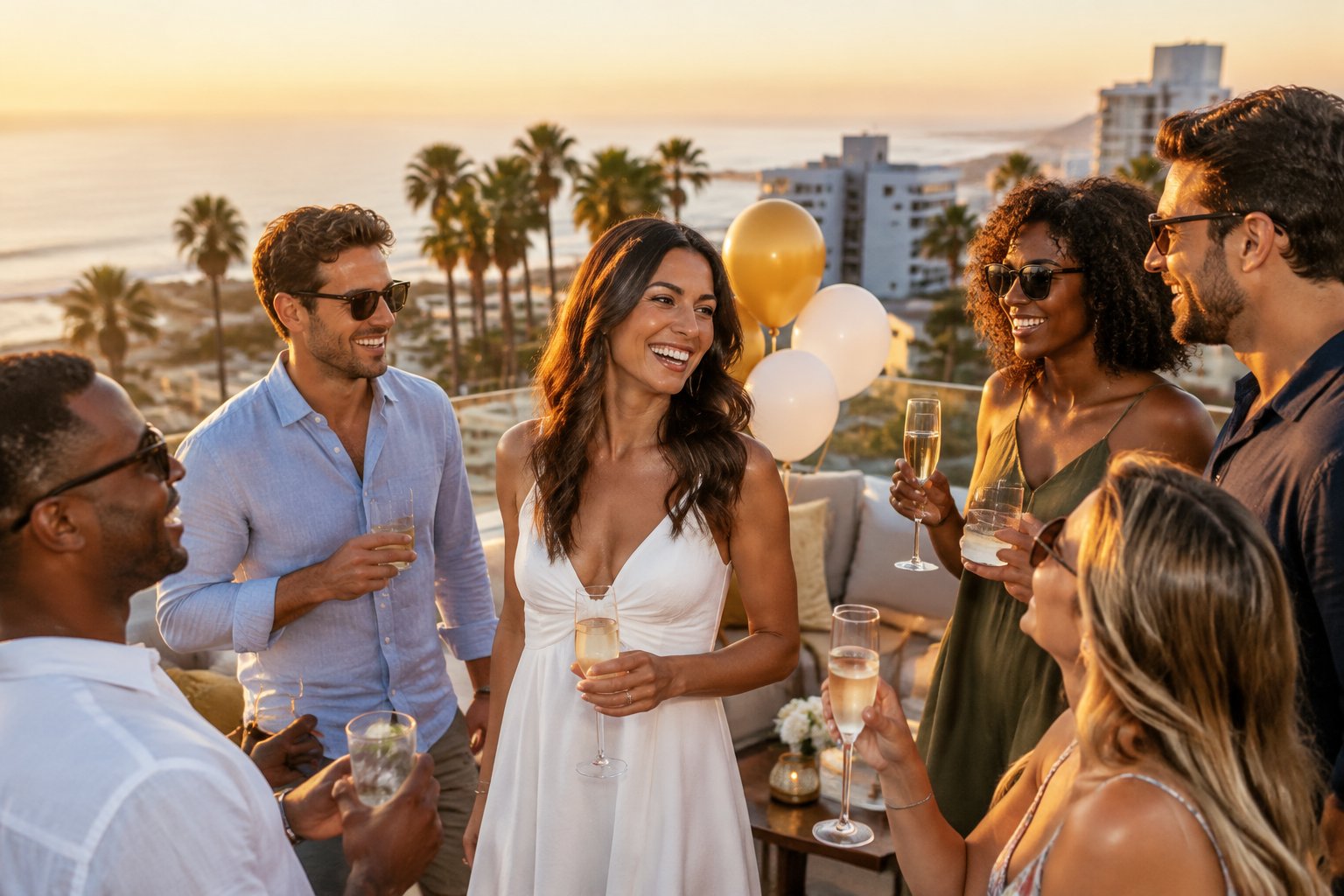 A group of friends celebrates a bachelor party on a rooftop overlooking a sunny coastal city.