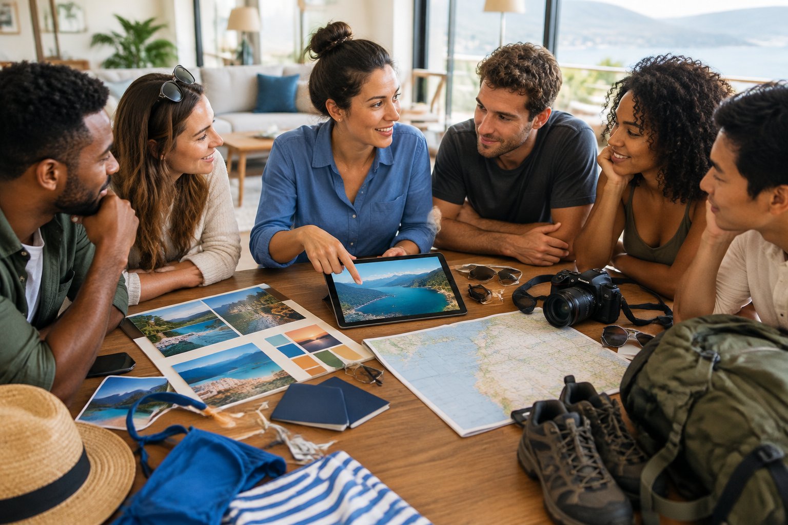 Nadine helps a group of friends compare bachelor-party travel options around a table in a bright vacation rental.
