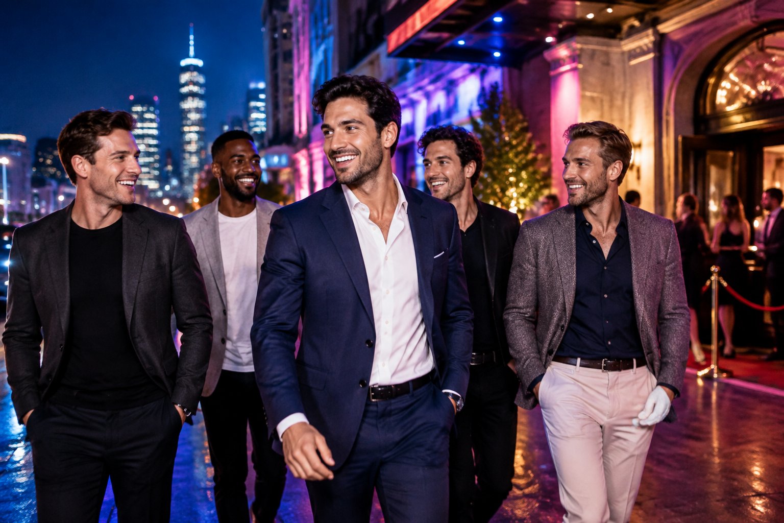 A group of friends enjoys an upscale evening outside a lively music venue in a city nightlife district.