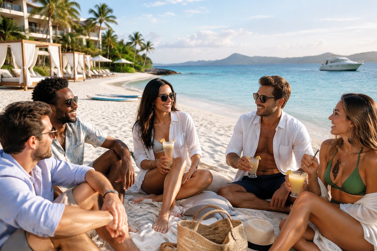 A group of friends relaxes with a woman on a sunny tropical beach beside turquoise water and a luxury resort.