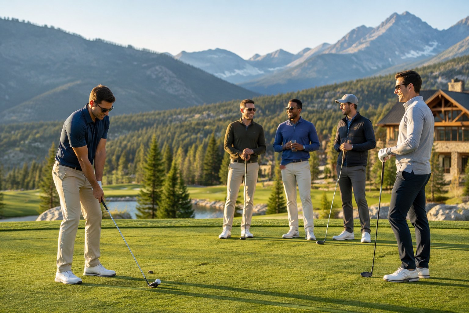 Friends enjoying a golf outing at a scenic mountain resort.