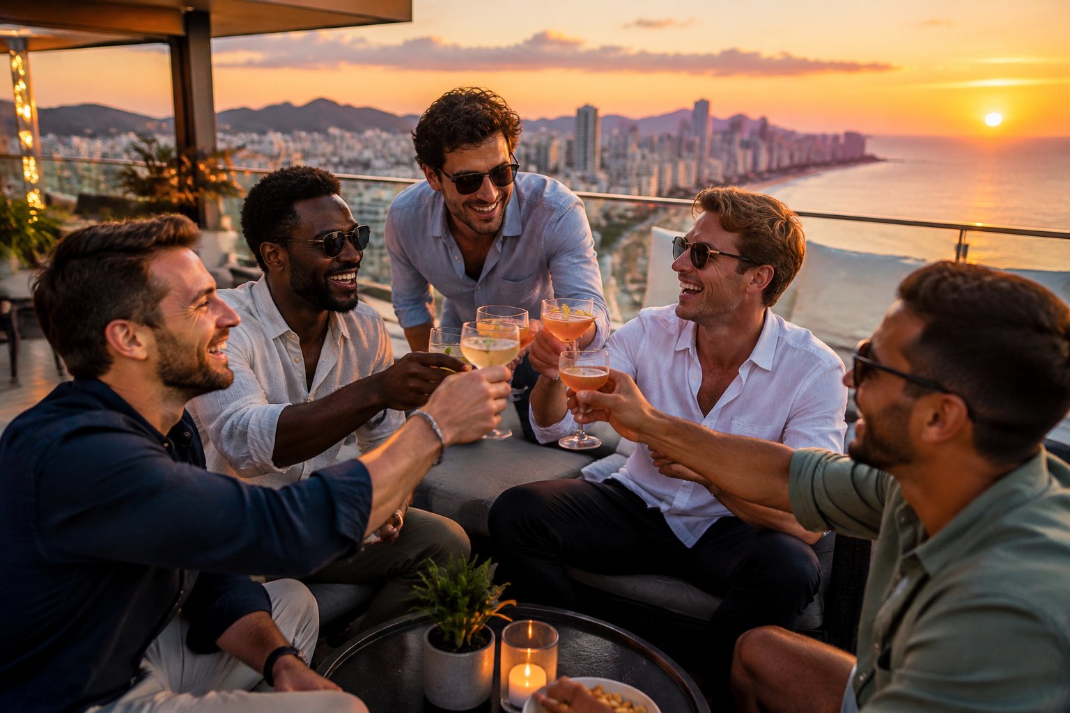 A group of friends celebrating together at an upscale rooftop lounge overlooking a city at sunset.