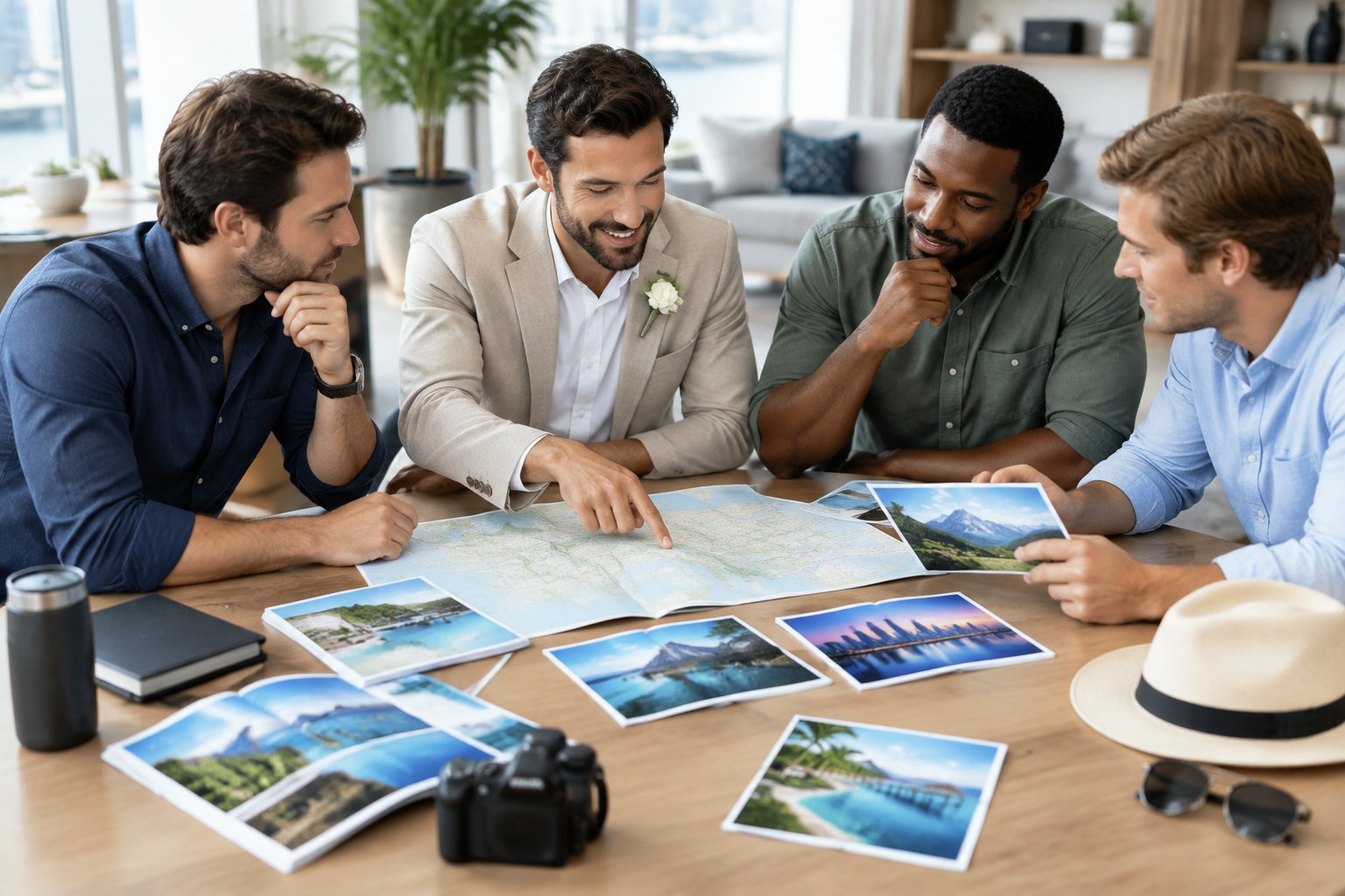 A group of friends compares travel options while planning a groom’s bachelor party trip.