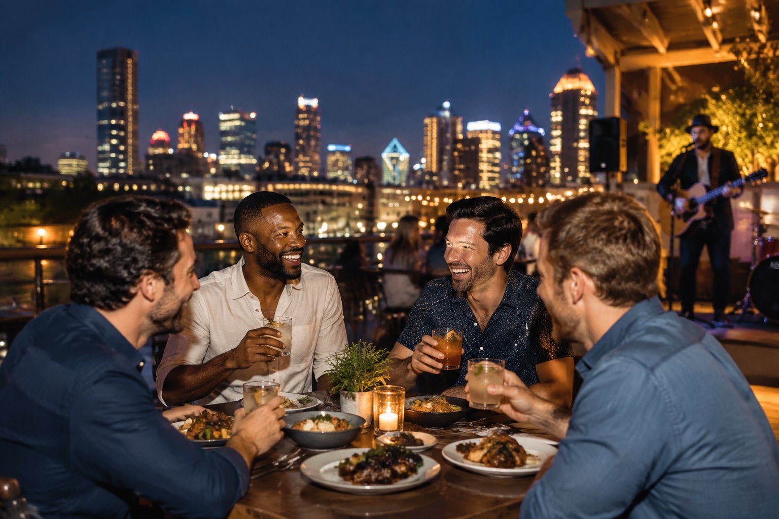 A group of friends enjoying food, music, and nightlife at a lively city venue.