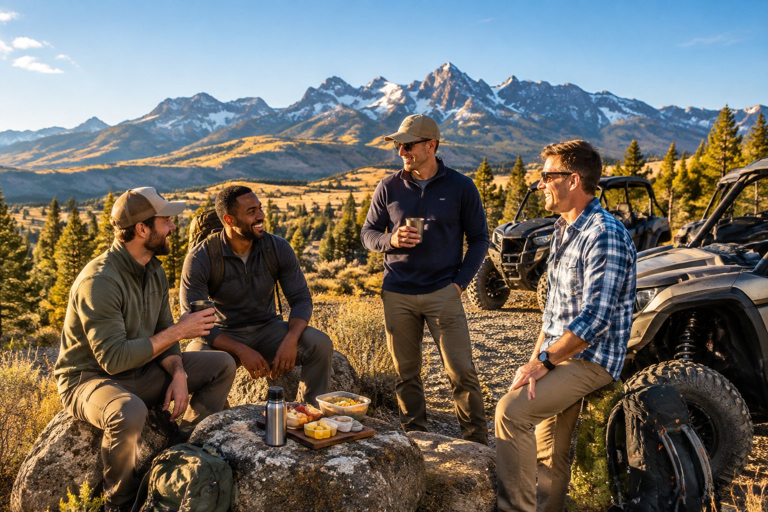 A group of friends enjoying an outdoor adventure with the Bighorn Mountains in the background.