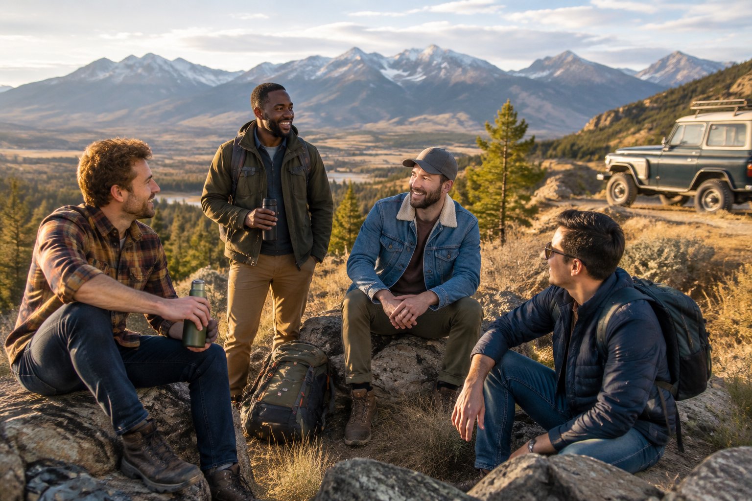 A group of friends enjoying a scenic outdoor gathering with the Bighorn Mountains behind them.