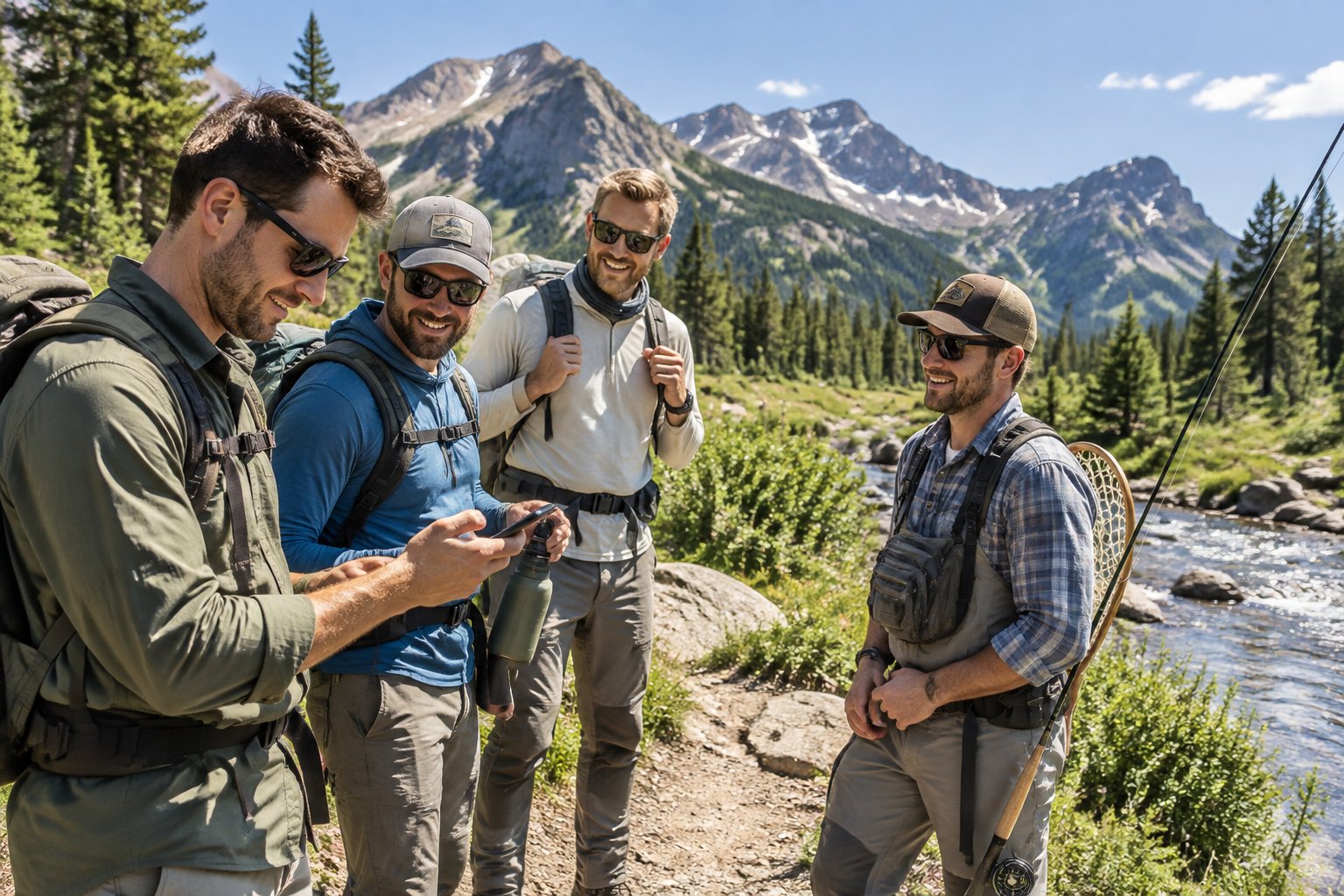 A group of friends prepares for a daytime outdoor adventure in the mountains near Sheridan.