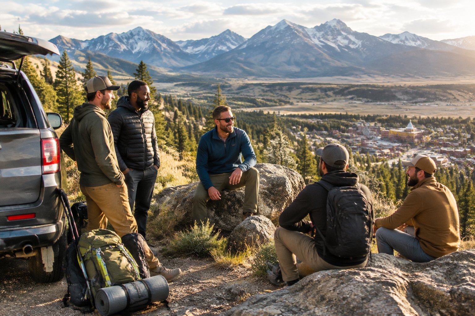 A group of friends enjoying an outdoor adventure with the Bighorn Mountains behind them.
