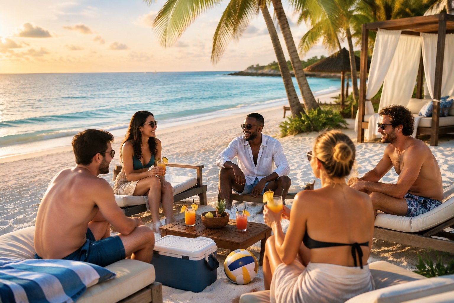 A group of friends relaxing together on a sunny tropical beach beside turquoise water.