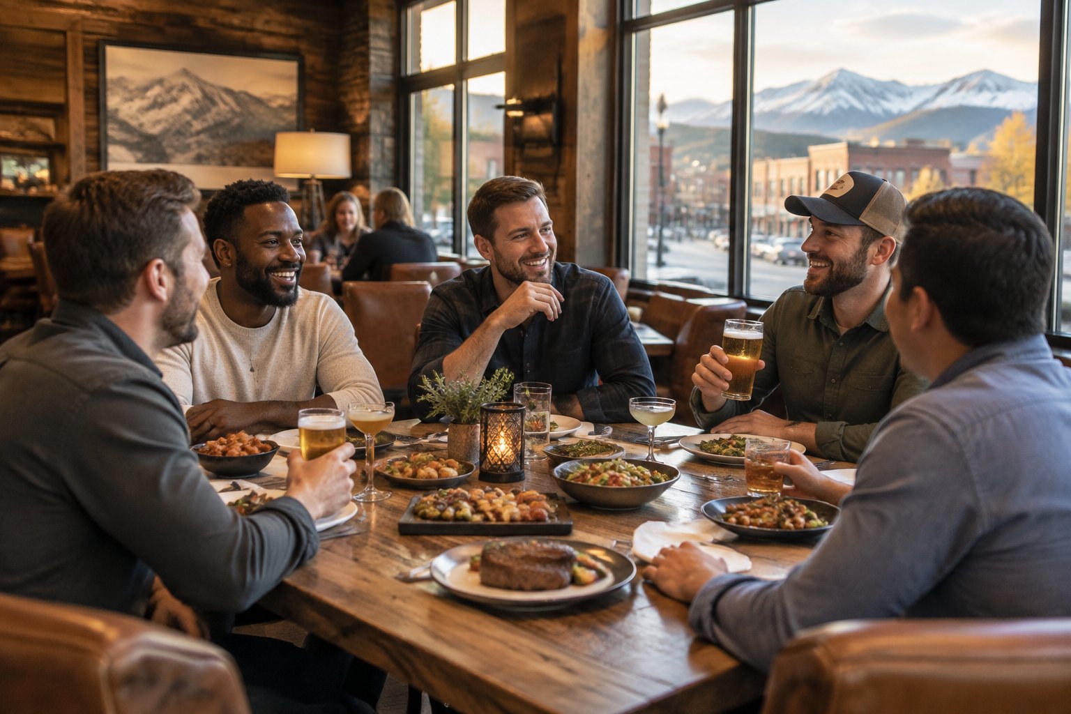 A group of friends sharing a meal at a welcoming lodge-style restaurant in Sheridan.