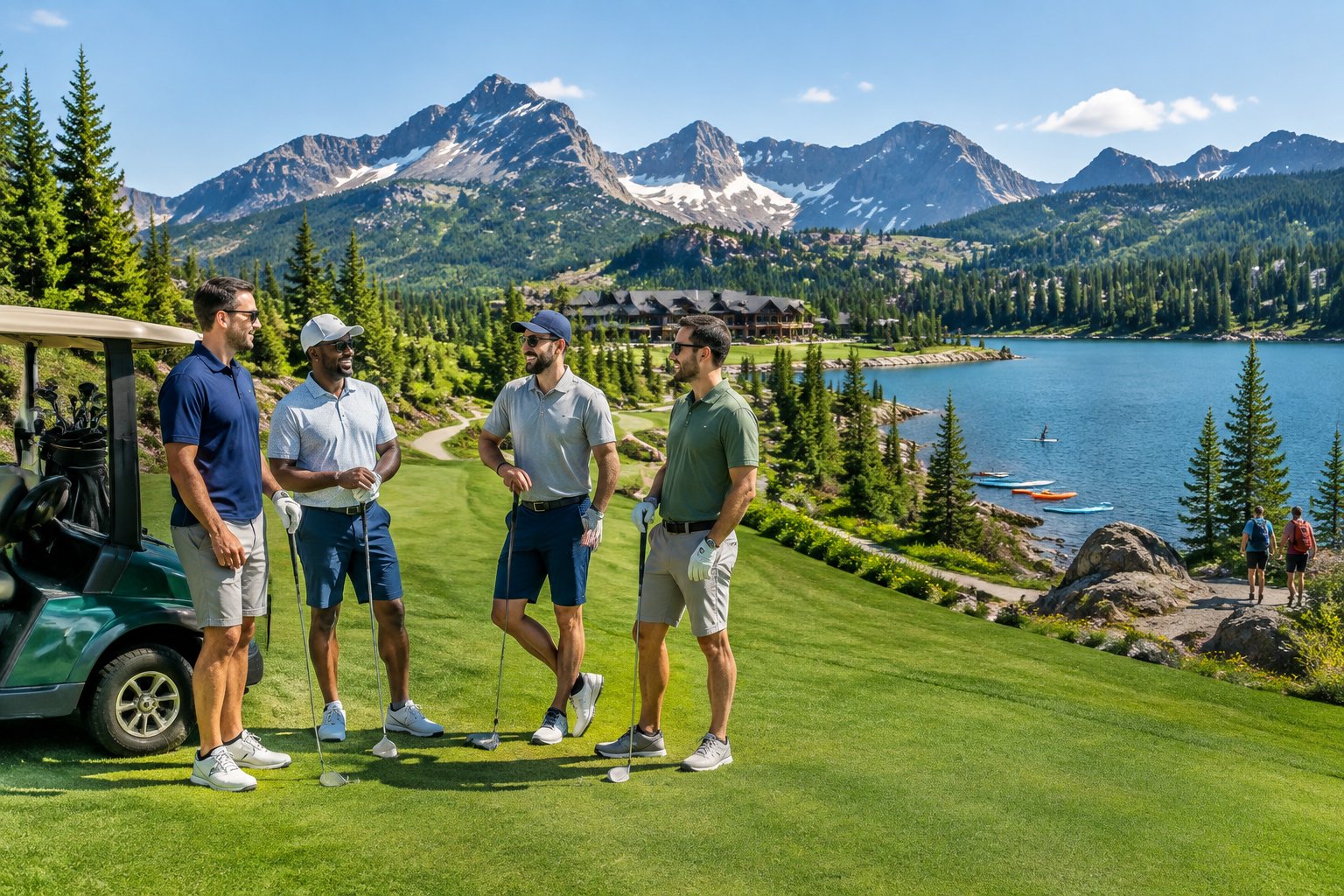 A group of friends gathers beside a golf course with mountains, forest, and a lake in the background.