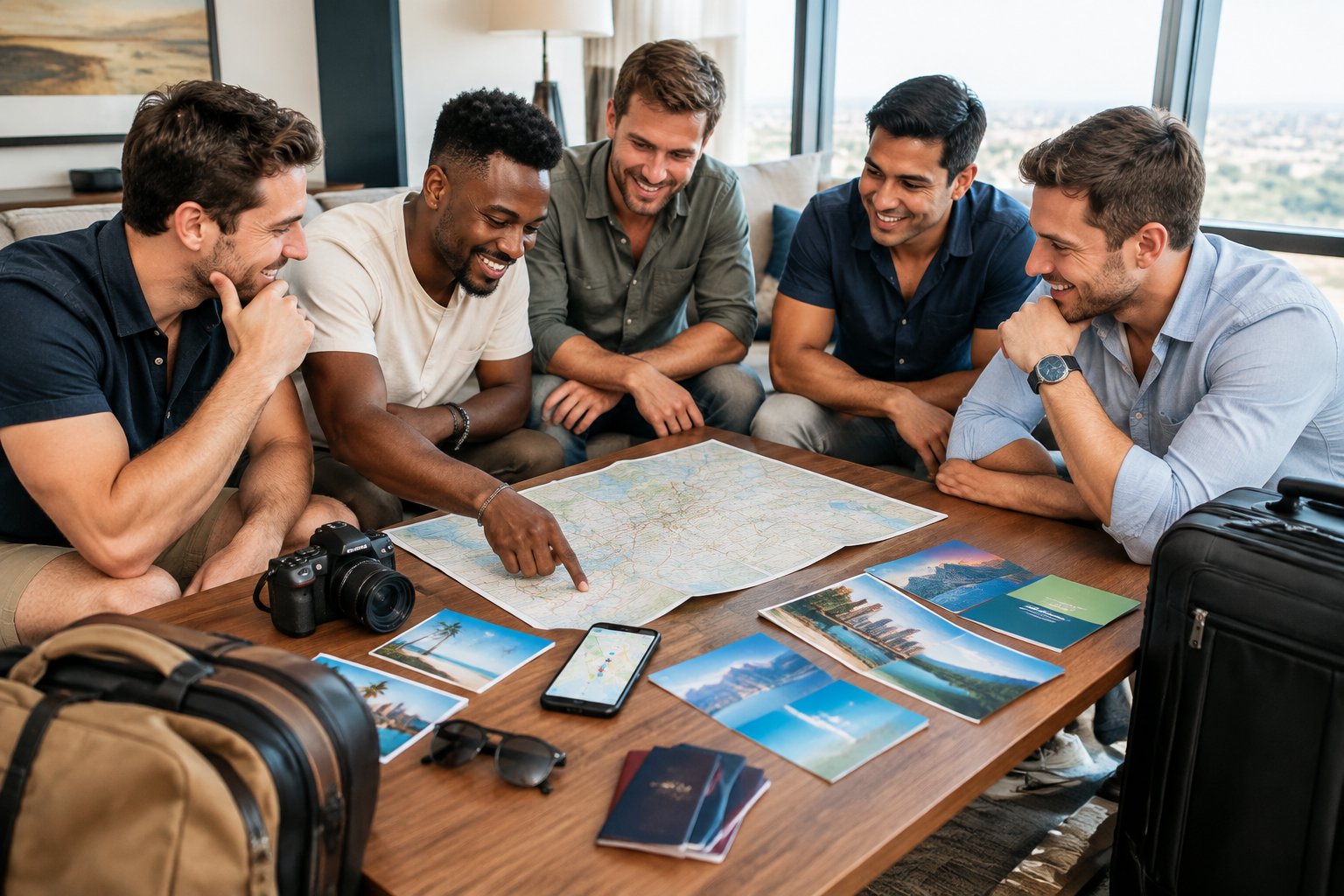 A group of friends plan a bachelor party getaway around a table with luggage and travel maps.