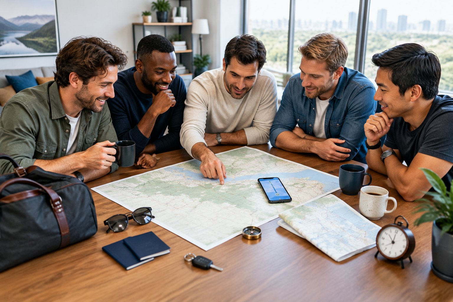 Friends plan a weekend bachelor party trip around a map at a table.
