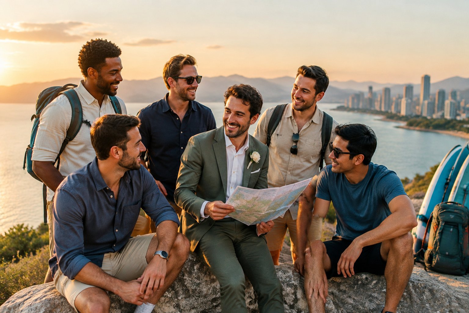 A group of friends gathers outdoors near scenic mountains and water while planning a bachelor party weekend.