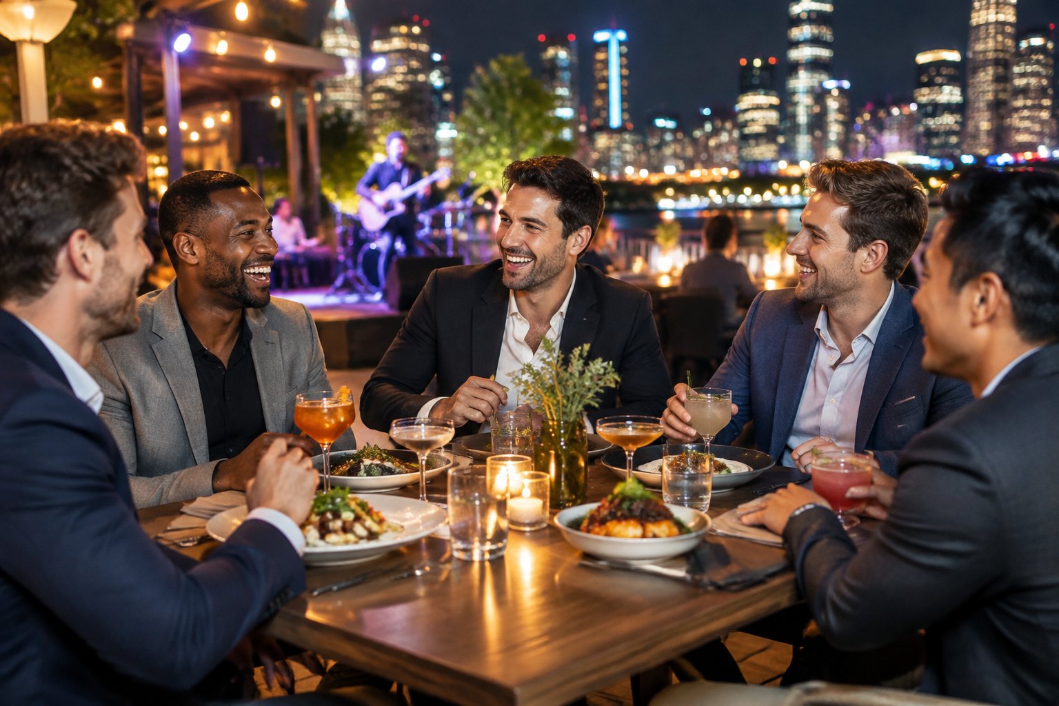 A group of friends share dinner and drinks at a lively outdoor restaurant in a glowing city entertainment district.