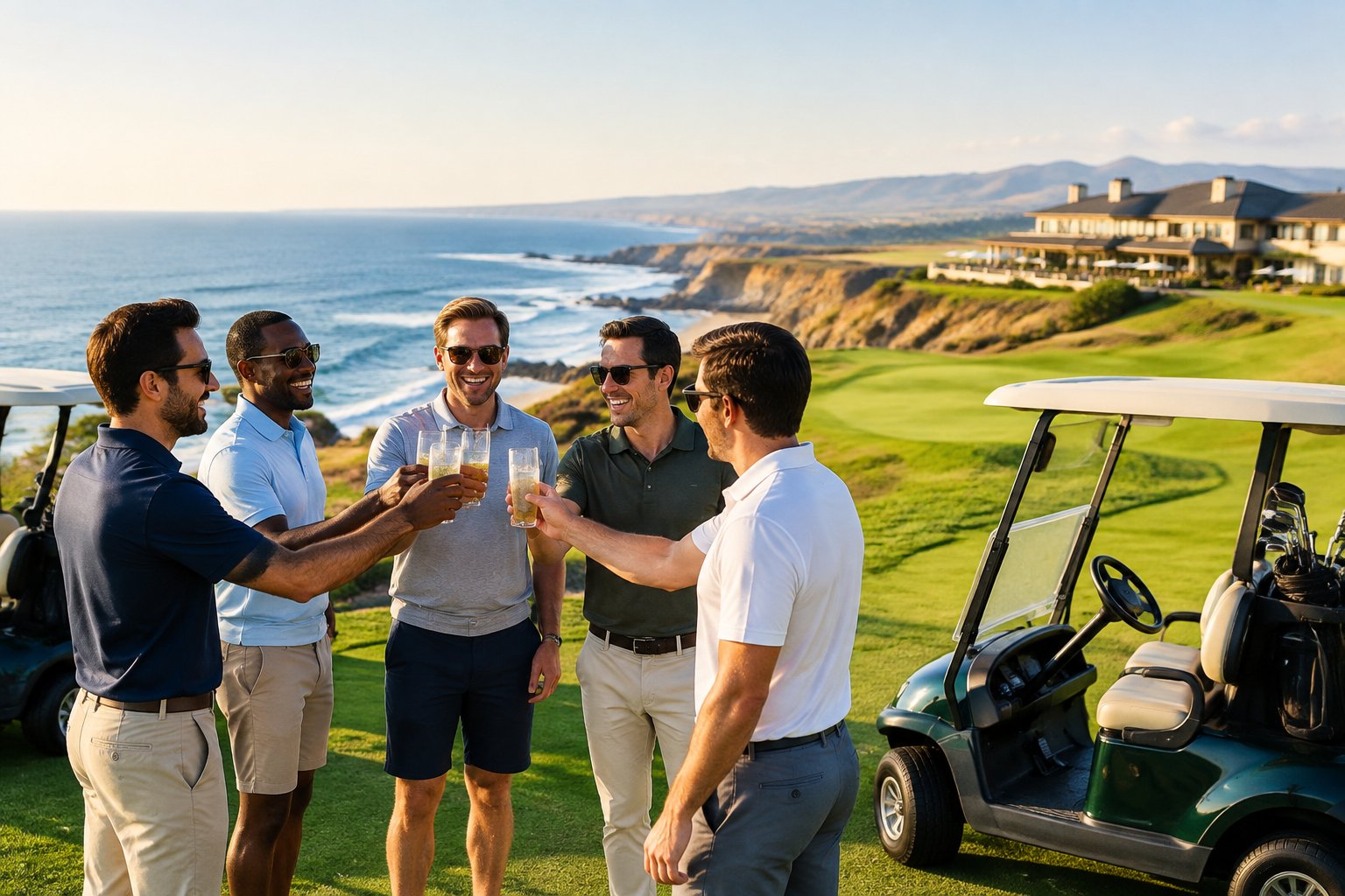 Friends enjoying a coastal golf getaway beside a scenic oceanfront course.