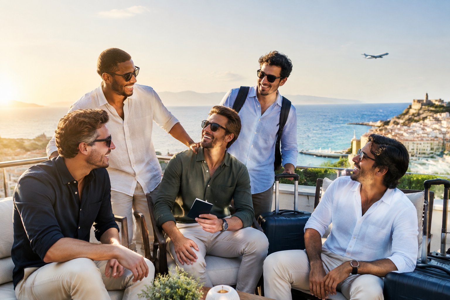 A group of friends celebrates together on a rooftop overlooking a sunny European coastal city.
