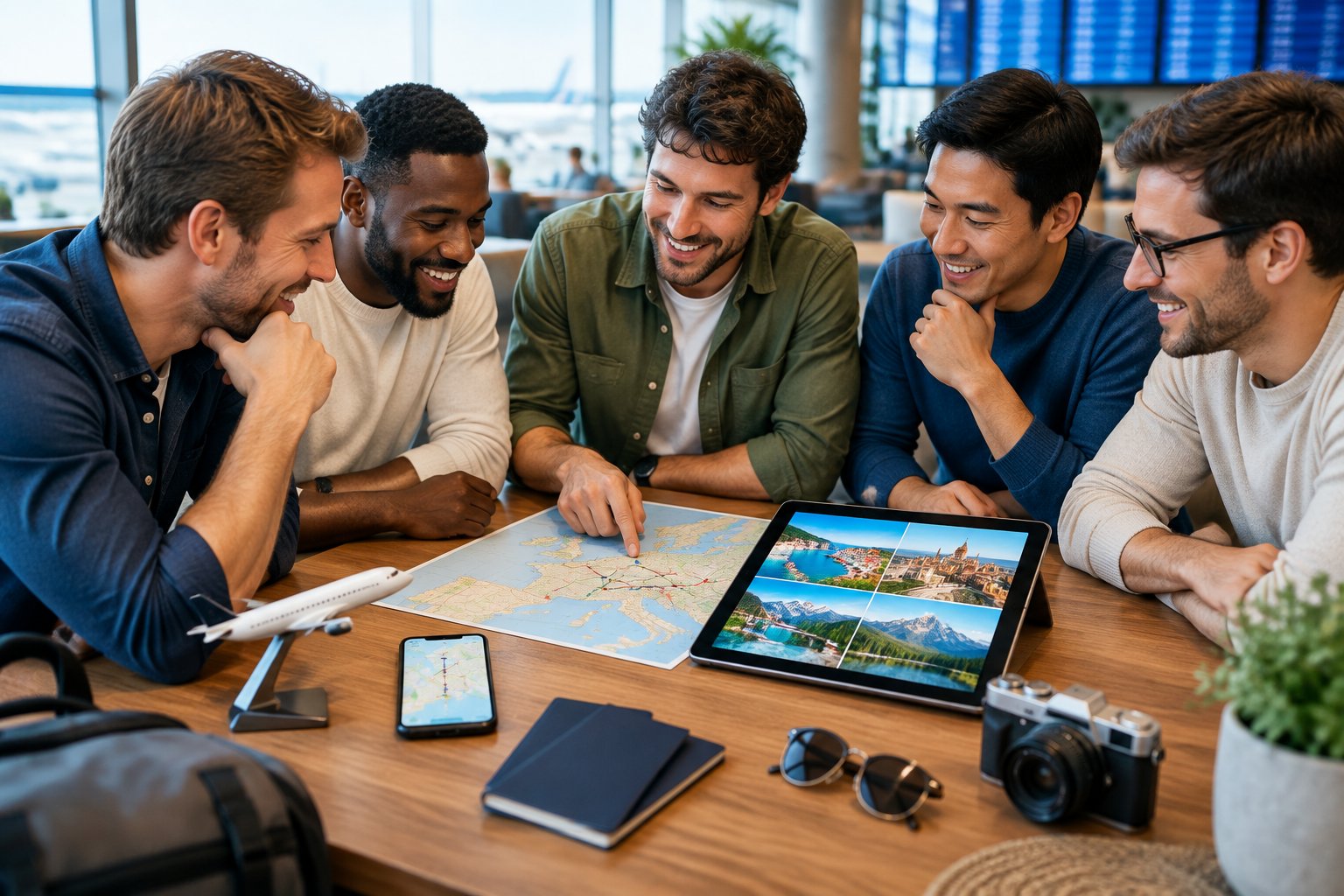 A group of friends compares maps, travel devices, and destination ideas while planning a bachelor party trip.